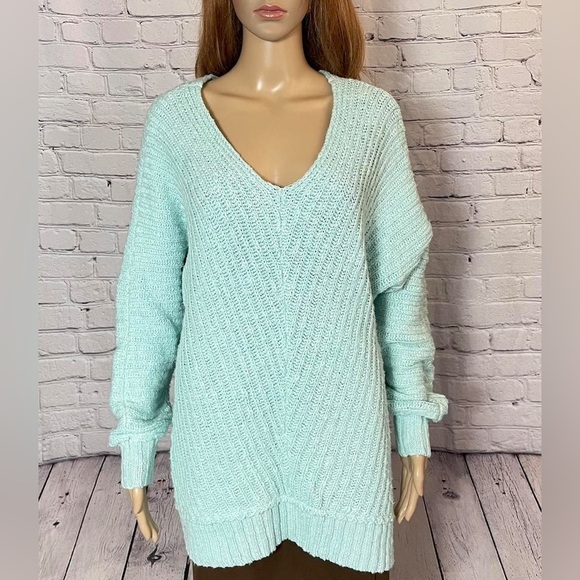 Free People Sunset V-Neck Cotton Sea Sky Blue Sweater - Size XS - Picture 3 of 7